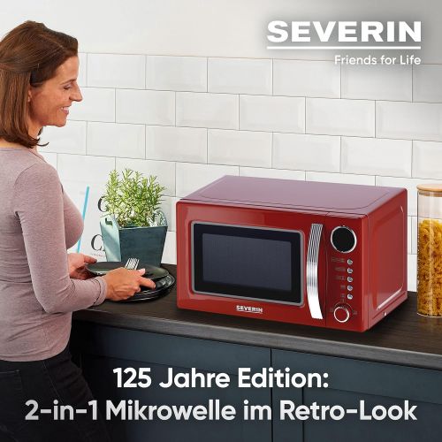  SEVERIN MW 7893 2-in-1 Mikrowelle (700W, mit Grillfunktion, Inkl. Grillrost und Drehteller Ø 24,5 cm, Retro-Look) rot