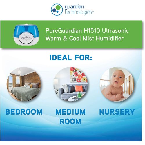  Guardian Technologies Pure Guardian H1510 Ultrasonic Warm and Cool Mist Humidifier, 100 Hrs. Run Time, 1.5 Gal. Tank Capacity, 630 Sq. Ft. Coverage, Large Rooms, Quiet, Filter Free, Treated Tank Resists