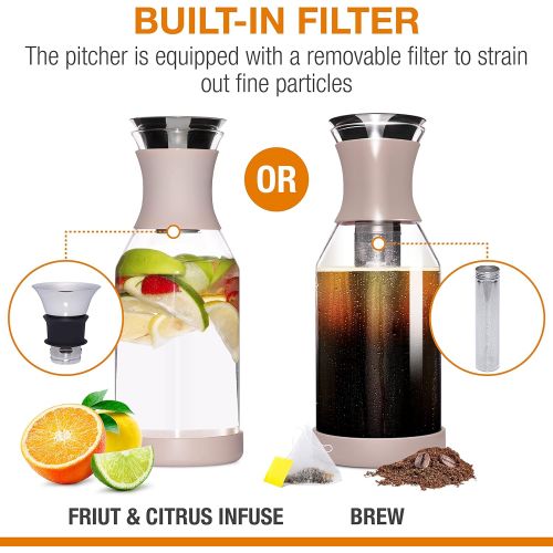  Large Cold Brew Coffee Maker & Iced Tea Fruit Infuser - 1.7 L Infused Iced Coffee & Coldbrew Filter - Beige Glass Pitcher with Lid by Epare
