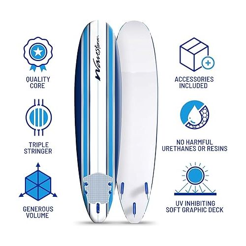  Wave Storm - Classic Soft Top Foam 8' Surfboard for Beginners and All Surfing Levels Complete Set Includes Leash and Multiple Fins Heat Laminated, Blue Pinline