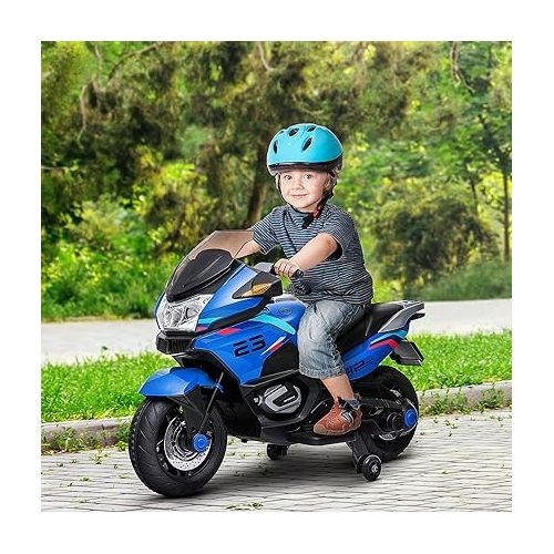  Aosom 12V Kids Electric Motorcycle with Training Wheels, Battery Power Motorbike for Kids Ages 3-8 Years Old, High-Traction at 3.7 Mph Top Speed, with Light Music, Blue