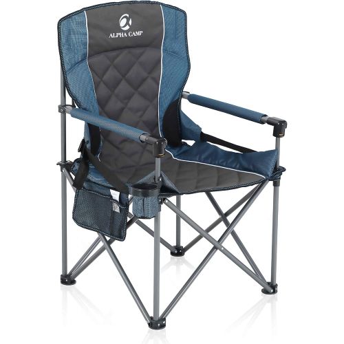  ALPHA CAMP Oversized Camping Folding Chair Padded Hard Arm Chair Heavy Duty Support 450 LBS Oversized Steel Frame Collapsible Lawn Chair with Cup Holder Quad Lumbar Back Chair Port