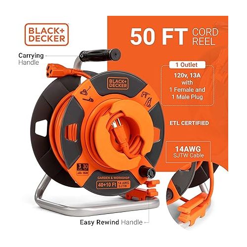  BLACK+DECKER Retractable Extension Cord, 50 ft, 14AWG SJTW Power Cable, For Electric Tools - Outdoor Power Cord Reel w/ Heavy-Duty Rewind Handle - Premium Cord Retractor for Backyard + Workshop