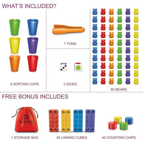  [아마존베스트]Gleeporte Rainbow Counting Bears With Matching Sorting Cups 150 Pcs Set JUMBO PACK + FREE Linking Cubes + FREE Counting Chips + FREE Storage Bag | STEM Educational Gift Toddler, Pre-School L