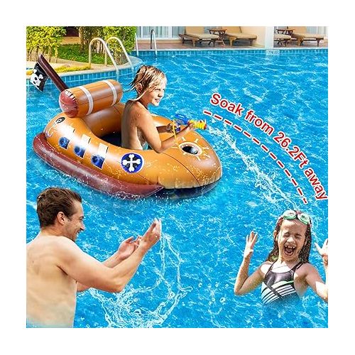  [Water Squirt Guns] Pirate Ship Pool Float for Kids 3-11 Years, Inflatable Battle Swimming Pool Toys Fun Ride-ons Floaties for Boys Girls Summer Outdoor Pool Party Gift Toys Games