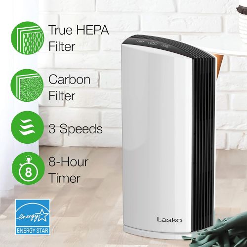  Lasko LP300 HEPA Tower Air Purifier with Timer for a Cleaner, Fresher Home Environment ? 2-Stage Filtration Removes Smoke, Odors, Pet Dander, Virus Sized Particles, Pollen, Dust an