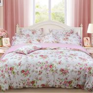 FADFAY Shabby Rose Floral Duvet Cover Pink Plaid Girls Bedding Set 100% Cotton Hypoallergenic Bed Sheet Set,7Pcs (1 Duvet Cover +1 Fitted Sheet+ 1 Flat Sheet +2 Standard+2 King Pil