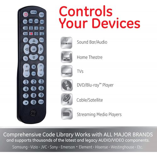  [아마존베스트]GE Backlit Universal Remote Control for Samsung, Vizio, LG, Sony, Sharp, Roku, Apple TV, RCA, Panasonic, Smart TV, Streaming Players, Blu-Ray, DVD, 4-Device, Black, 40081 Black, Ba