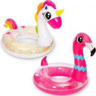 JOYIN Inflatable Unicorn & Flamingo Pool Float with Glitters 35.5” (2 Sets), Pool Tubes for Floating, Fun Beach Floaties, Pool Toys, Summer Pool Party Decorations for Kids