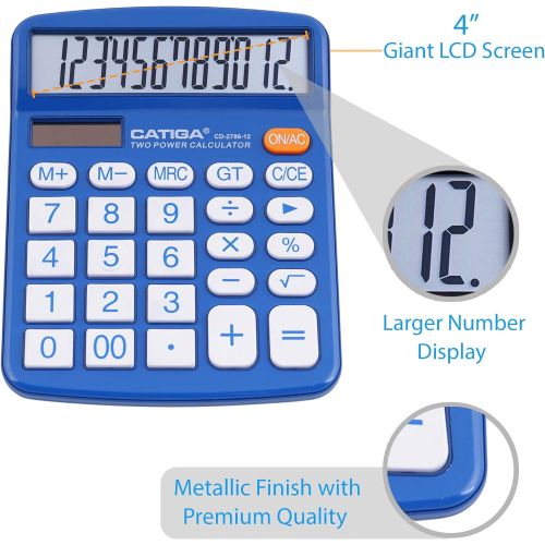  CATIGA Desktop Calculator 12 Digit with Large LCD Display and Sensitive Button, Solar and Battery Dual Power, Standard Function for Office, Home, School, CD-2786 (Blue)