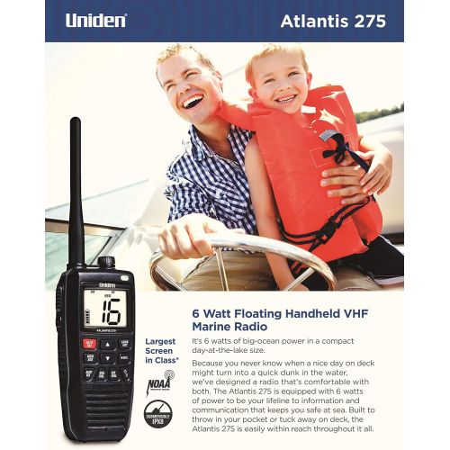  [아마존베스트]Uniden Atlantis 275 Handheld Two-Way VHF Marine Radio, Floating IPX8 Submersible Waterproof, Large Dual-Color Screen, 6-Watt, All USA/International/Canadian Marine Channels, NOAA W