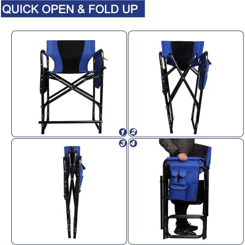  AGOOL Tall Directors Chair Portable Folding Camping Chair - Full Aluminum Frame Makeup Chair Artist Heavy Duty Lightweight with Armrest Side Table Storage Bag Indoor Outdoor 300 lbs Supp캠핑 의자