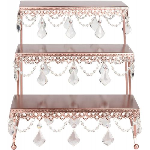  AMALFI DEECOR Amalfi Decor 3 Tier Dessert Cupcake Stand, Pastry Candy Cake Cookie Serving Platter for Wedding Event Birthday Party, Rectangular Metal Plate Tower Tray Holder with Crystals, Gold