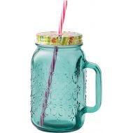 [아마존베스트]The Pioneer Women Sunny Days Teal Drinking Glass with Straw and Lid Mason jar
