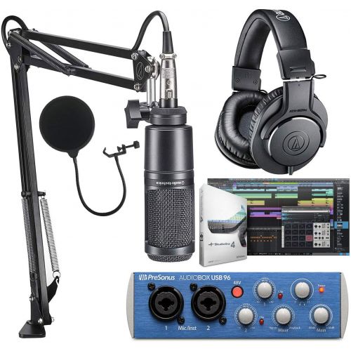 오디오테크니카 Audio-Technica AT2020PK Studio Microphone with ATH-M20x, Boom & XLR Cable Streaming/Podcasting Pack And PreSonus AudioBox USB 96 Audio Interface