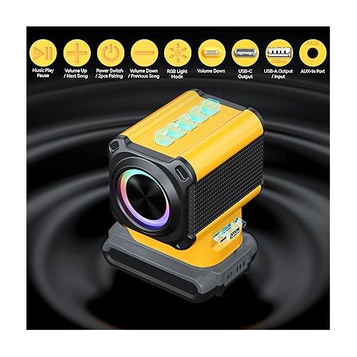  Wireless Speaker for Dewalt 18v/20v Battery, 20W Portable Speaker for Dewalt 20v Tool Only with USB Phone Charging, Dual Pairing Stereo Speakers for Jobsite, Outing, Campng, Home&Party (No Battery)
