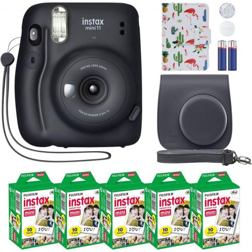 후지필름 Fujifilm Instax Mini 11 Instant Camera + MiniMate Accessory Bundle & Compatible Custom Case + Fuji Instax Film Value Pack (50 Sheets) Flamingo Designer Photo Album (Charcoal Gray,