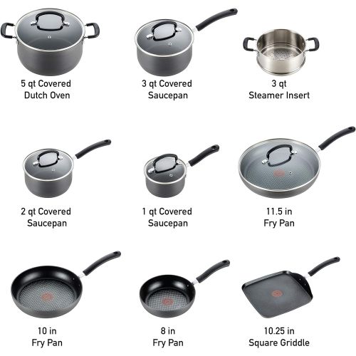  T-fal E765SEFA Ultimate Hard Anodized Nonstick 14 Piece Cookware Set, Dishwasher Safe Pots and Pans Set, Black