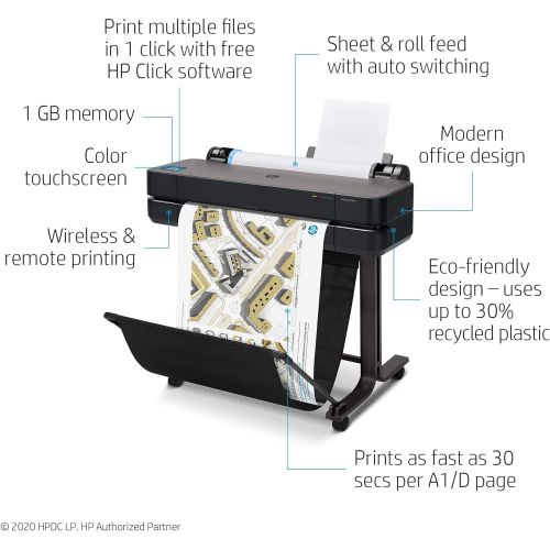 에이치피 HP DesignJet T630 Large Format Wireless Plotter Printer - 24 (5HB09A), with Multipack and High-Capacity Genuine Ink Cartridges (10 Inks) - Bundle