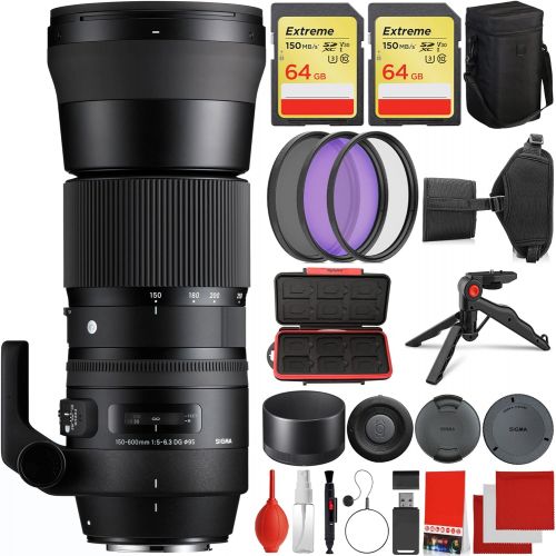  Sigma 150-600mm f/5-6.3 Contemporary DG OS HSM Nikon F-Mount Bundle with 2X Extreme 64GB Memory Cards, IR Remote, 3 Piece Filter Kit, Wrist Strap, Card Reader, Memory Card Case, Ta