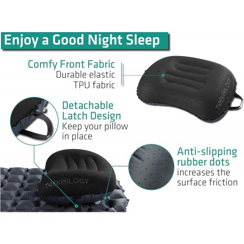 트렉 Trekology Ultralight Inflatable Camping Travel Pillow - ALUFT 2.0 Compressible, Compact, Comfortable, Ergonomic Inflating Pillows for Neck & Lumbar Support While Camp, Hiking, Back