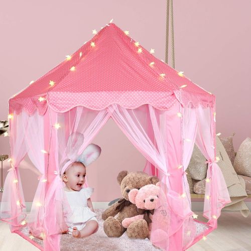  [아마존베스트]Volscity Princess Tent for Girls,Kids Castle Play Tent with LED Star Lights,Large Playhouse Girl Toy Gifts Age 3+,Indoor and Outdoor Games 55.5x 53(DxH) Pink