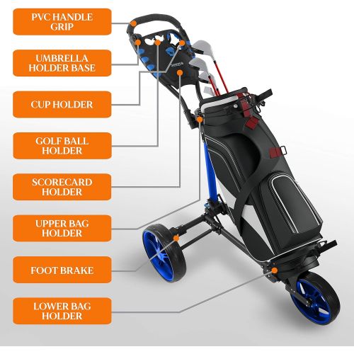  [아마존베스트]3 Wheel Golf Push Cart - Lightweight Folding Golf Walking Push Cart Roller Golf Bag Holder w/ Upper/Lower Bracket w/ Elastic Strap, Scorecard Storage Compartment - SereneLife SLGCF