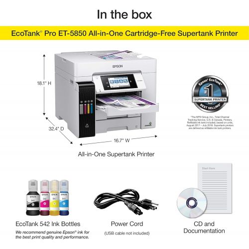 엡손 [아마존베스트]Epson EcoTank Pro ET-5850 Wireless Color All-in-One Supertank Printer with Scanner, Copier, Fax and Ethernet Plus 2 Years of Unlimited Ink, Works with Alexa