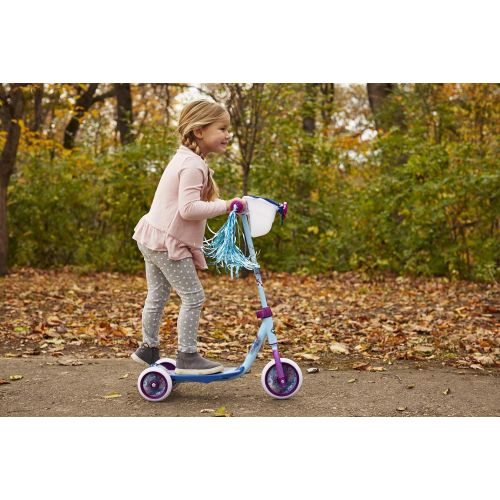  Huffy 78919 Frozen 2 Girl Scooter for Kids, Elsa & Anna Graphics, Handlebar Bin, Preschool Three Wheels & Streamers, Blue/White