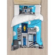 Lunarable Police Duvet Cover Set Twin Size, Cartoon Police Station with Vehicles and Cloudy Sky Kids Boys Nursery, Decorative 2 Piece Bedding Set with 1 Pillow Sham, Pale Blue Grey