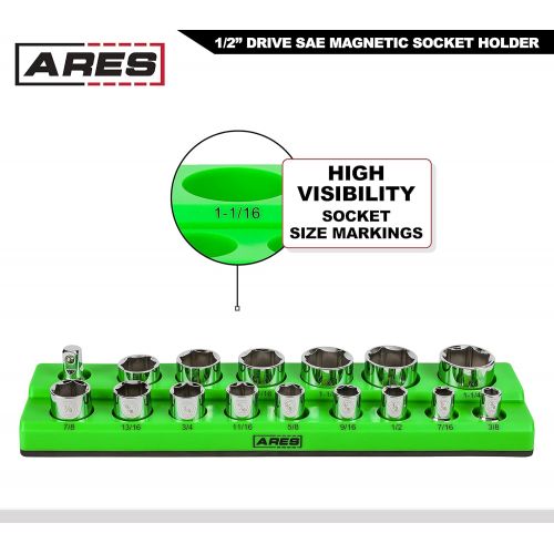  ARES 60009-16-Piece 1/2 in SAE Magnetic Socket Organizer -GREEN -Holds 15 Sockets and Socket Adapter -Perfect for your Tool Box -Also Available in RED