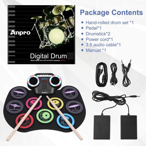  [아마존베스트]Anpro Electronic Drum Set Foldable Built-in Speaker,9 Pads Stereo Electronic Drum Kit with MIDI Portable Roll up Drum Pad,USB/Battery Charge for Beginners