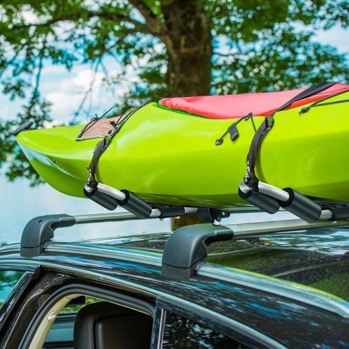  GYMAX 2Pcs J-Bar Kayak Roof Rack, Universal Foldable Kayak Carrier for Kayak, Canoe, Surf Board, Ski Board, Rooftop Mount on SUV, Car and Truck Crossbar (Two Sides)