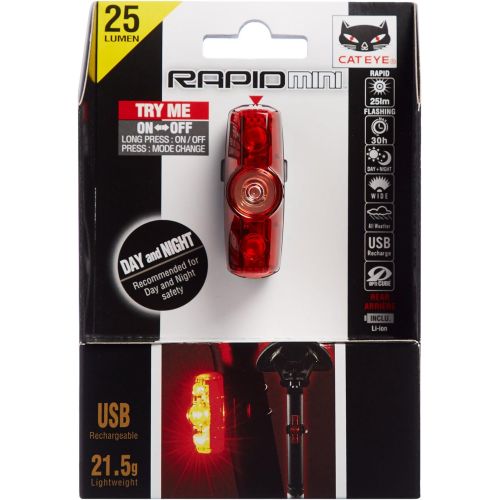  CATEYE - Rapid Mini Rear Rechargeable LED Bike Safety Tail Light, 25 Lumens