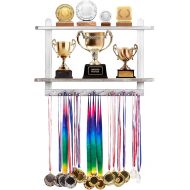 LAVIEVERT Wooden Medal Hanger & Trophy Shelf, Wall-Mounted Race Medal Display with 2 Tier Storage Shelf, Medal Holder Trophy Rack with 19 Hanging Bars