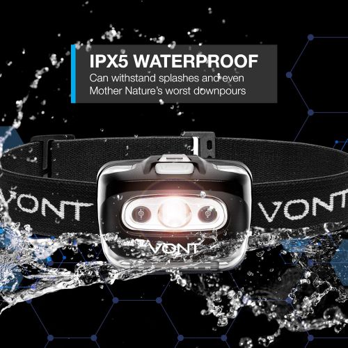  Vont LED Headlamp [Batteries Included, 2 Pack] IPX5 Waterproof, with Red Light, 7 Modes, Head Lamp, for Running, Camping, Hiking, Fishing, Jogging, Headlight Headlamps for Adults &