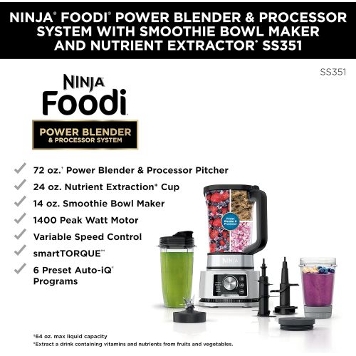 닌자 [아마존베스트]Ninja SS351 Foodi Power Pitcher System, Smoothie Bowl Maker, 4in1 Blender + Food Processor, Single Serve Blender 1400WP smartTORQUE 6 Auto-iQ Presets