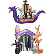 BZB Goods TWO HALLOWEEN PARTY DECORATIONS BUNDLE, Includes 11 Foot Long Halloween Inflatable Dragon Pirate Ship Skeletons Scene Bat Ghosts, and 8.5 Foot Inflatable Haunted House Castle and S