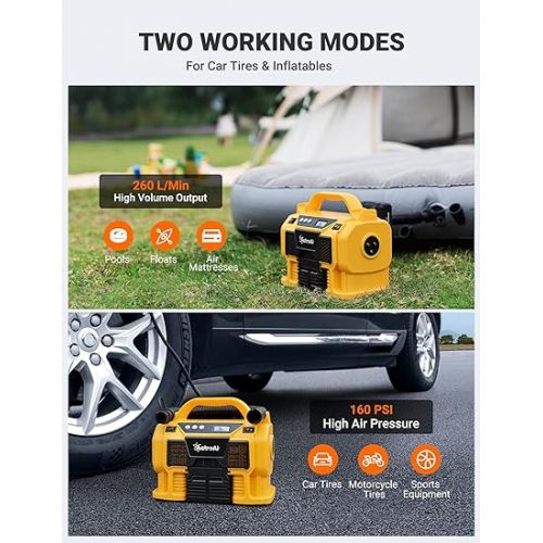  AstroAI Tire Inflator Air Compressor Portable Cordless Car Tire Pump 160 PSI 3 Power Supply DC/AC/ 20V Battery with Dual Metal Motors & LCD Pressure Gauge for Tires & Inflatables Yellow