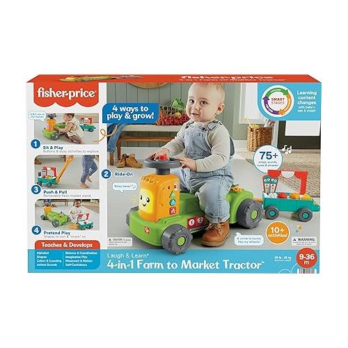 피셔프라이스 Fisher-Price Laugh & Learn Baby to Toddler Toy, 4-in-1 Farm to Market Tractor Ride On with Pull Wagon & Smart Stages for Ages 9+ Months