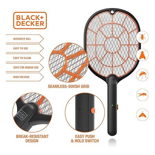  BLACK+DECKER Bug Zapper Fly Swatter Electric for Mosquitoes Indoor Outdoor- Harmless-to-Humans Battery Operated - Handheld Bug Zapper Racket (Pack of 3)