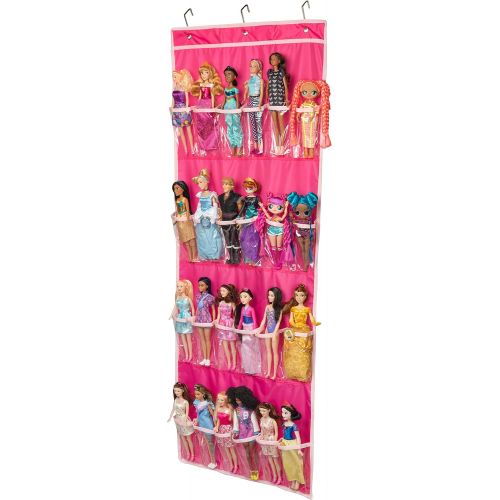  [아마존베스트]ASH BRAND Hanging Over Door Toy Storage Organizer (24 Pockets), Compatible with Dolls (Toys Not Included), Pink (57.5x22)