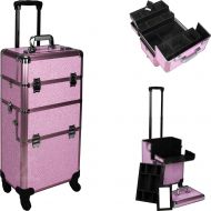 Hiker HIKER Makeup Rolling Case HK6501 2 in 1 Hair Stylist Organizer, 3 Slide and 1 Removable Tray, 4 Wheel Spinner, Locking with Mirror, Extra Lid and Shoulder Strap, Pink Krystal