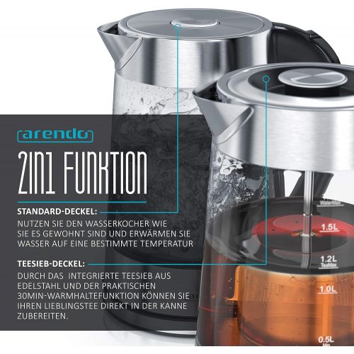  Arendo - Glas Wasserkocher mit Temperatureinstellung und Teesieb Teekocher - Einstellbare Temperaturen: 40, 70, 80,100 Grad - 1,7 Liter - Abschaltautomatik - Warmhaltefunktion