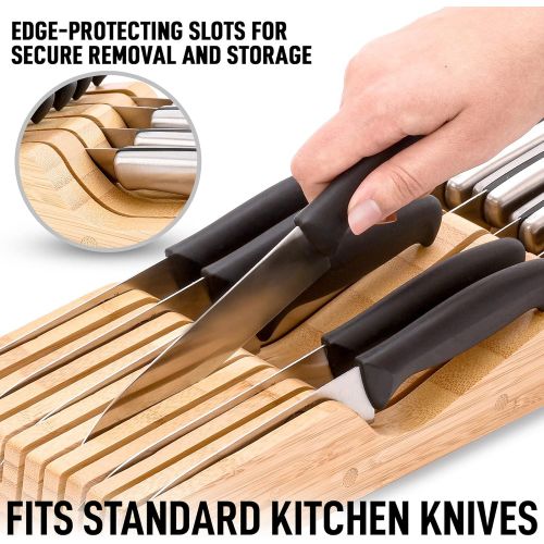  Zulay Kitchen Bamboo Knife Drawer Organizer Insert - Edge-Protecting Knife Organizer Block Holds Up To 16 Knives - Smooth Finish Drawer Knife Organizer Tray Fits In Most Drawers Fo
