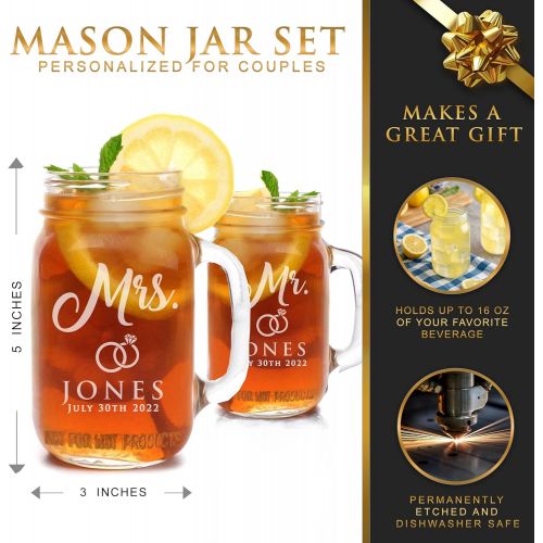  [아마존베스트]The Wedding Party Mr and Mrs Mason Jar Glasses for Couples - Personalized Engraved Wedding - Custom Monogrammed - Set of 2