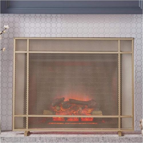 WMMING Gold Wrought Iron Heavy Duty Fireplace Screen with Mesh Cover, Single Panel Baby Pet Spark Guard for Wood Burning Stove, 24cm Wide Solid and Practical