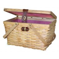 Vintiquewise QI003148N Woodchip Large Picnic Basket Red and White Gingham Lining Folding Handles, 14.5 x 10 x 8.75, Natural