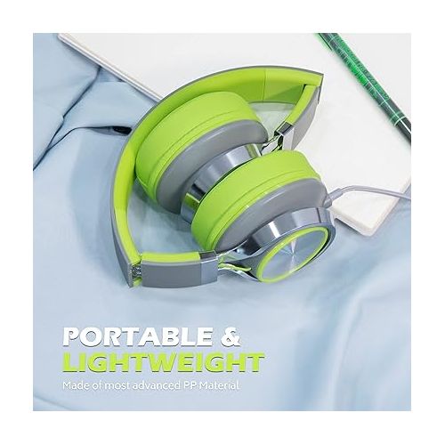 AILIHEN C8 Headphones Wired, On-Ear Headphones with Microphone and Volume Control, Corded 3.5mm Headset for Boys Girl School Smartphones Chromebook Laptop Computer Tablets Airplane Travel (Grey/Green)