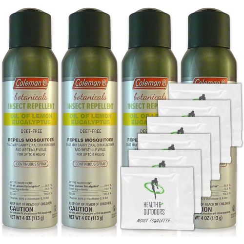 콜맨 Colemen Coleman Botanicals Lemon Eucalyptus Insect Repellent DEET Free - 4oz. Continuous Spray - Pack of 4 - w/ (6) Healthandoutdoor Hand Wipes